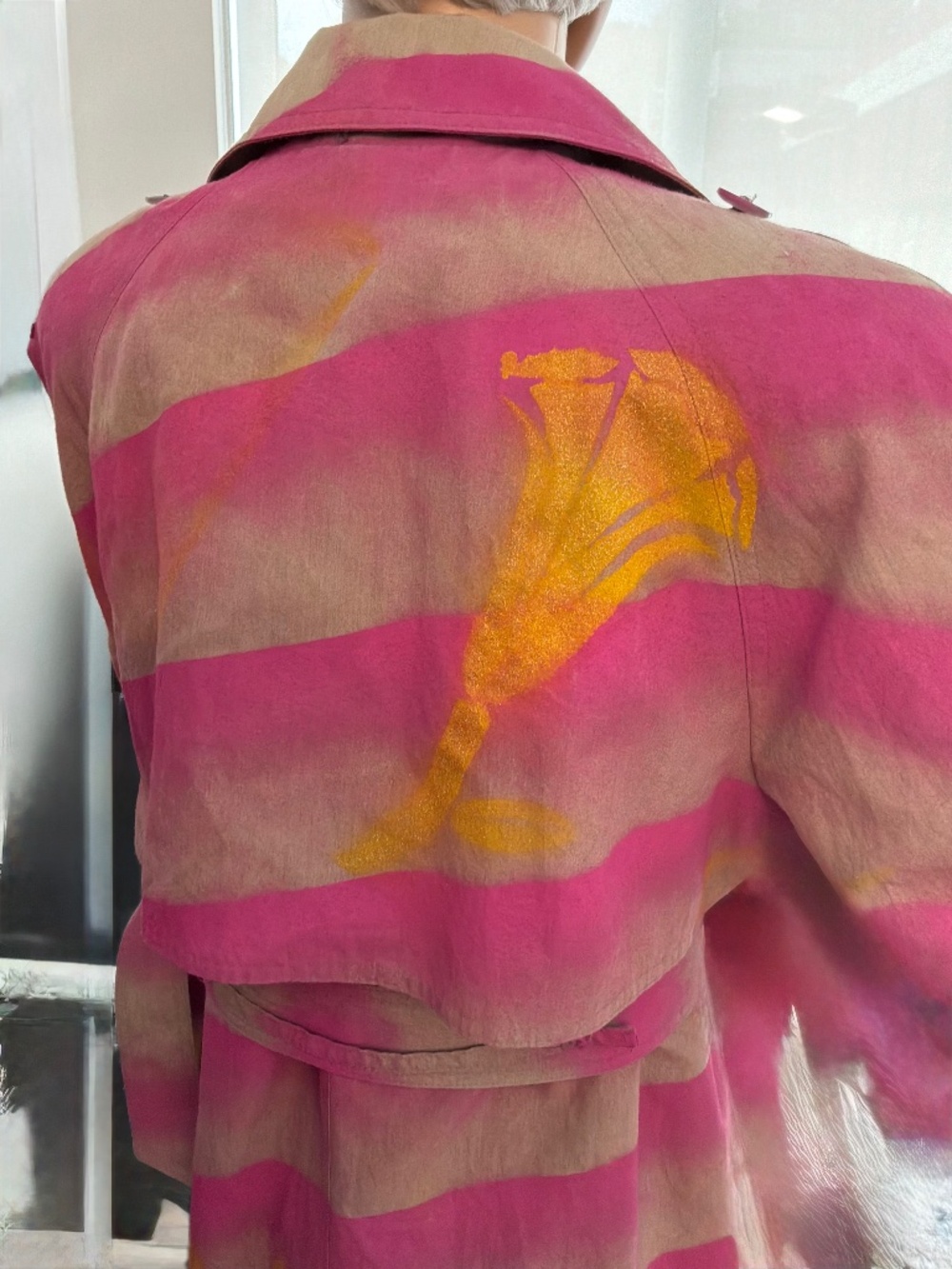 Vintage Custom Hand Painted London Fog Trench Coat 6P OOAK Magenta Gold Art